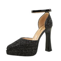 6865 Chaussures de soirée pour femmes à talons ultra-hauts de style européen et américain, plateforme double couche, rehaussantes, à bride cheville et à paillettes
