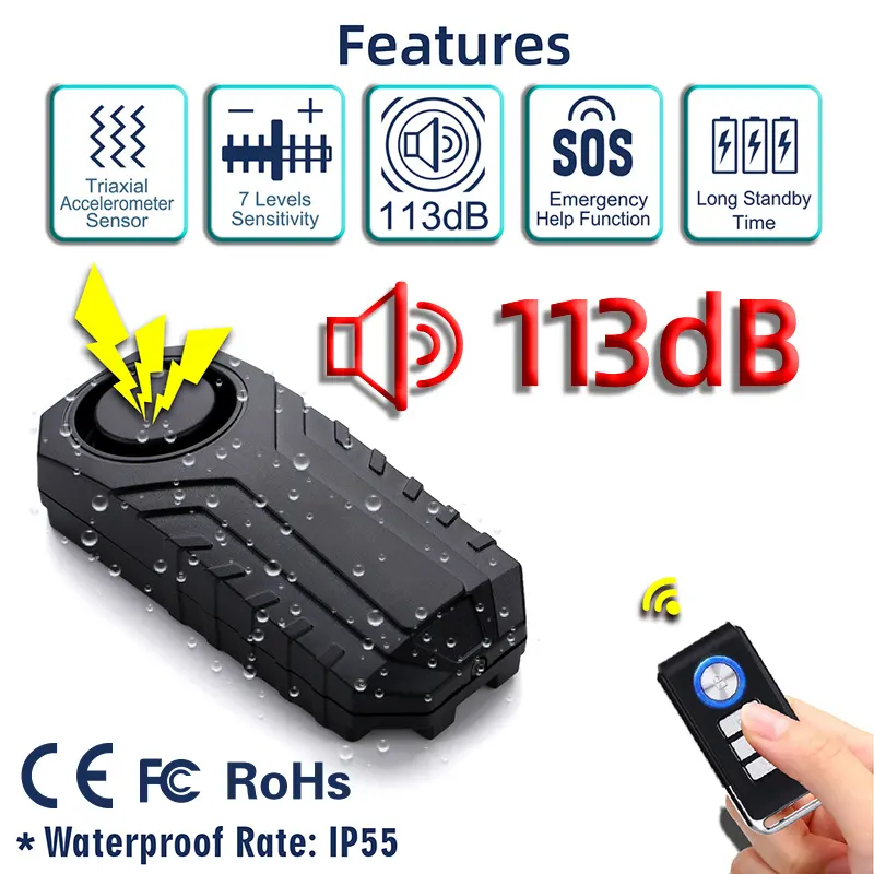 113db Waterproof Wireless Bike Alarm System Anti-Theft Vibration Alarm for E-Bike with Remote IP65 Battery Power Supply Bicycles