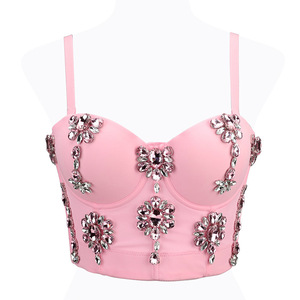 Meilleure vente pour femme : Crop top bustier ajusté à bretelles spaghetti, orné de diamants, avec baleines, style mode - Product Image 2