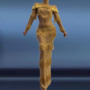 Abito da donna 2020 Elegante abbigliamento da donna diamante nappa collo alto Abito dorato donna festa nuda come Abito Lungo Elegante Curvy - Product Image 4