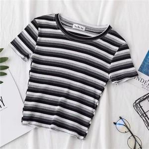 Casual O-Neck Women's Crop <strong>Top</strong> T-Shirt 95% Cotton 5% Spandex Sweet Slim Fit <strong>Rainbow</strong> Striped Design - Product Image 6