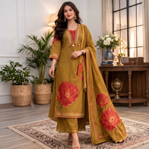 Ensemble Kurta en coton brodé couleur moutarde pour femme avec pantalon, coupe régulière, longueur genou, tenue de fête traditionnelle style Inde Pakistan - Product Image 1