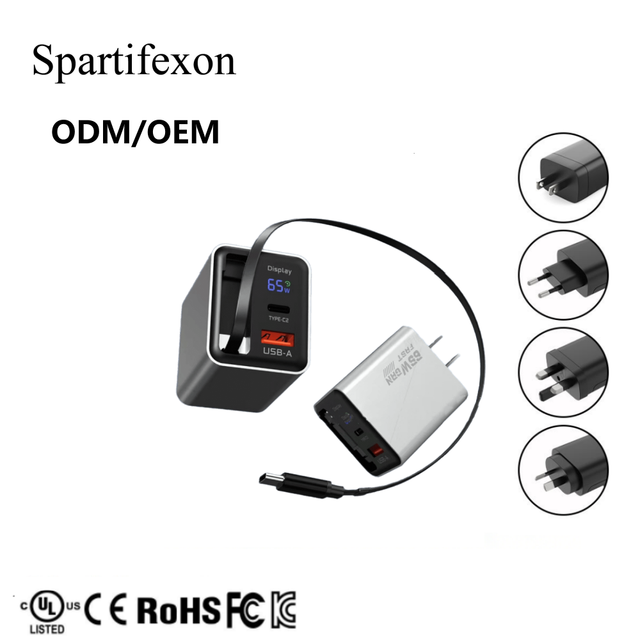 Smart LED Display 65W GaN Wall Charger | Built-in Retractable Cable PD/QC3.0 for Camera Earphone | OTP Compact Travel Charging