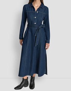 Vestido Maxi de Mezclilla Sólido con Corte en A, Mangas Largas, Cuello Alto, Aberturas Laterales, Forro de Algodón, Estilo Casual para Uso Diario, Primavera y Otoño, Tipo Halter - Product Image 2