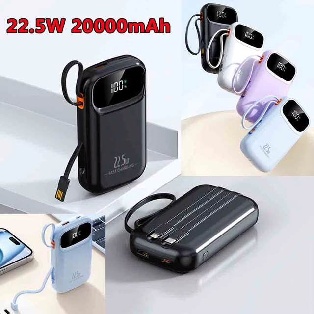 20000mAh Power Bank Built-In Retractable USB-C Cable for iPhone 16 Samsung Xiaomi 22.5W Fast Charging Portable Power Bank
