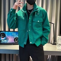 Veste Bomber de Couple Rétro Vert Style High Street, Veste de Baseball Homme à Col Revers et Grandes Poches, Manteau pour Homme Tenue de Club Couleur Unie