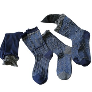 Navy Blue Seamless Mid Calf <b>Socks</b> Women Warm Thermo Elegant Autumn <b>Winter</b> Style Stripes Checks Polyester Fiber W2899 - Product Image 4