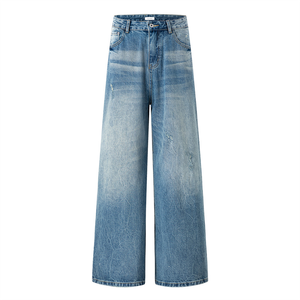 Jean ample mi-taille en denim vintage déchiré style punk américain pour homme, coupe large, longueur au sol, effet délavé à l'encre, tendance streetwear - Product Image 2