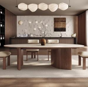 Juego de Comedor Extensible con Mesa Ovalada de Mármol y Madera Beige y Sillas para Uso en Casa, Apartamento o Villa - Product Image 3