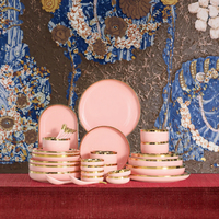 Service de table en porcelaine de luxe avec bordure dorée rose, assiettes et bols en céramique complets, vaisselle pour la maison, les banquets et les hôtels
