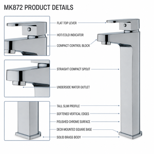 Rubinetto Miscelatore Moderno Quadrato per Lavabo <span class=keywords><strong>Alto</strong></span>, Cromato Lucido, Monocomando, per Lavabo da Appoggio - Product Image 4