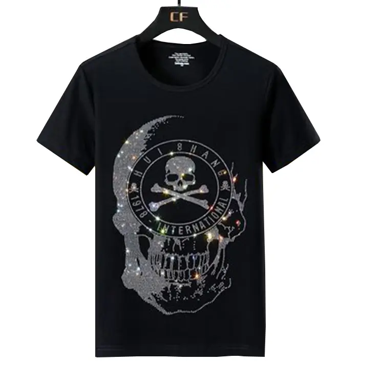 Fabrica de color cráneo de diamantes de imitación t shirt ropa hombre Camiseta de algodón con diamantes de imitación Transferencia de camiseta personalizado