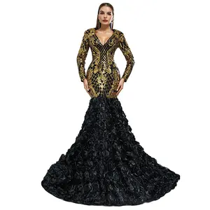 1211 Sexy Frauen V-Ausschnitt Langarm Schwarz Golden Mermaid Blumen Abendkleid Plus Size Cocktail Party Kleid