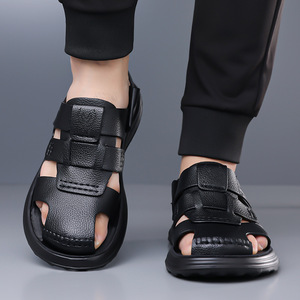Men's Genuine Leather Flat Sandals Open Toe Rubber Outsole Anti Slip Casual <b>Beach</b> <b>Shoes</b> - Product Image 4