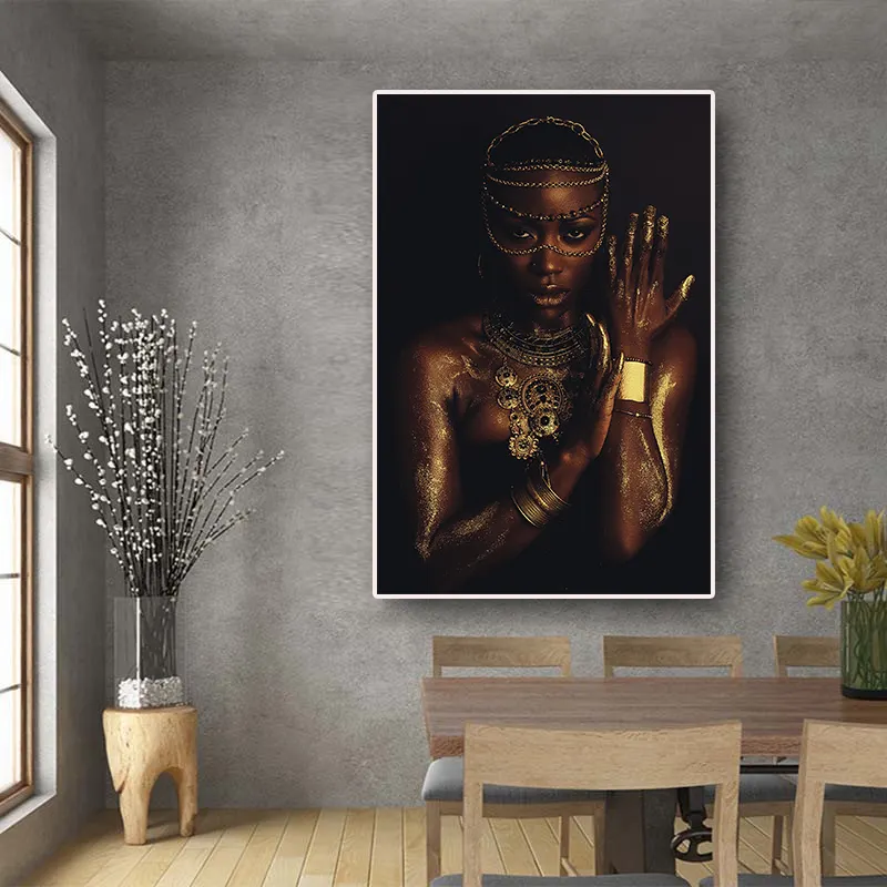 Zwart En Goud Naakt Afrikaanse Vrouw Met Ketting Canvas Schilderij Posters En Print Scandinavische Wall Art Foto Voor Woonkamer