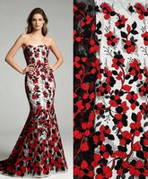 Dentelle florale 3D tricolore (blanc, rouge, noir) lourde, perlée et à sequins, avec bord festonné en maille, vendue au mètre, plusieurs couleurs, livraison rapide