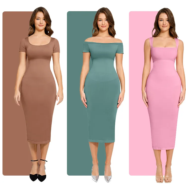 Hexin Wholesale Custom Built-In Shaper Long Evening Dresses Bodycon Soft Dress Outdoor Body Shaper Shapewear Maxi Women Dress