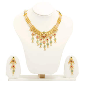 Ensemble de collier traditionnel plaqué or avec pierres rouges et vertes, perles pendantes et boucles d'oreilles assorties, bijoux de mariage pour mariée - Product Image 1