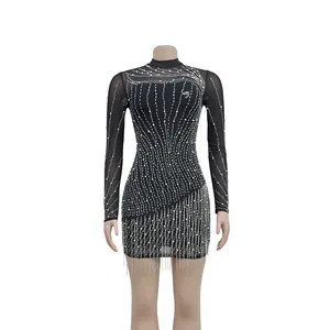 SMO Black Mesh Sequins Dress Long Sleeves Luxury Beaded Crystal Beaded Designer Evening Dresses Pencil Mini Dresses