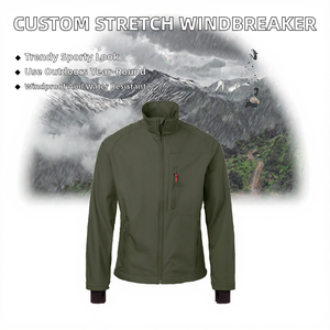 Men's Olive Green Soft Shell Jacket Zip Fly Stand Collar Water Resistant Outdoor Hiking Coat Regular Fit Windstopper <b>Material</b> - Product Image 2
