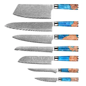 Yüksek kaliteli şam çelik 7-piece mutfak bıçağı mavi reçine ahşap saplı et kesici ekmek bıçağı meyve bıçağı seti