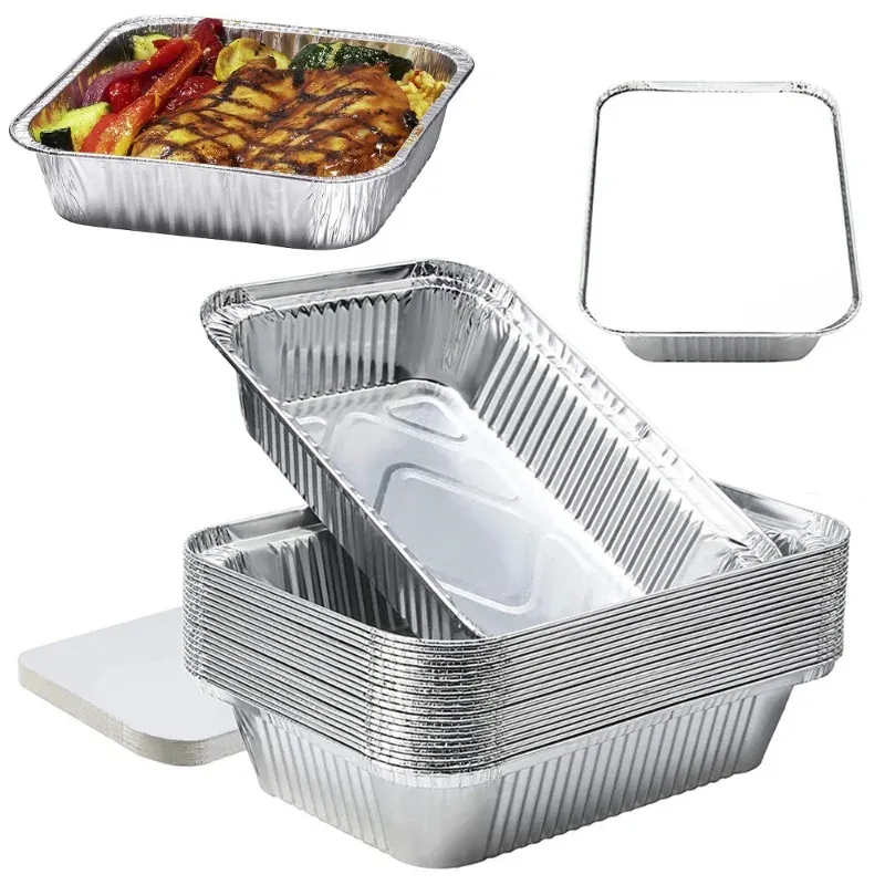 Einweg-Rechteck-Aluminiumfolienbehälter für Fastfood-T Takeaway mit individuellem Logo für Lebensmittelverpackungen