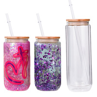 Juego de Vasos de 16 Oz y 20 Oz para Sublimación, Vaso de Vidrio en Blanco Escarchado o Transparente, Tipo Globo de Nieve con Forma de Lata de Cerveza y Tapa de Bambú