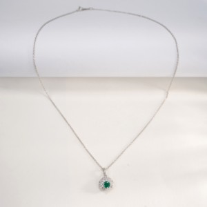 925 Sterling Silver Halo <b>Pendant</b> Necklace, Round Cut Lab Created <b>Emerald</b> with CZ Accent - Product Image 2