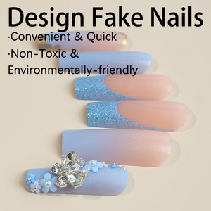 TSZS 24 <span class=keywords><strong>Uñas</strong></span> Postizas Francesas con Polvo Brillante Azul <span class=keywords><strong>y</strong></span> Blanco, <span class=keywords><strong>Uñas</strong></span> Postizas 3D con Flores <span class=keywords><strong>y</strong></span> Perlas, <span class=keywords><strong>Uñas</strong></span> Postizas <span class=keywords><strong>Largas</strong></span> <span class=keywords><strong>y</strong></span> Cuadradas para Manicura - Product Image 4