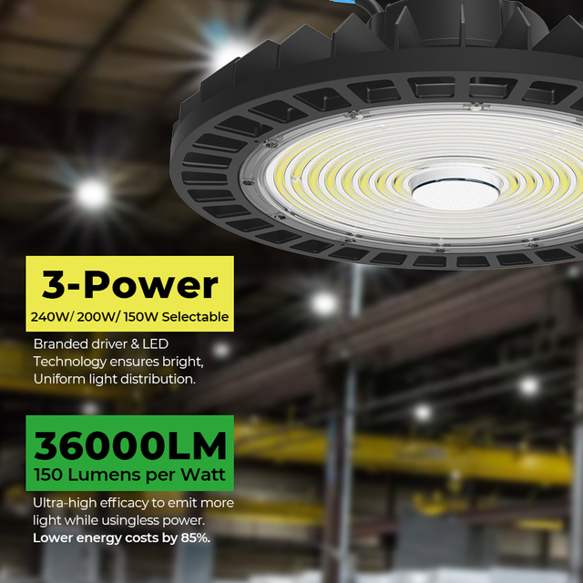 240W/200W/150W 150LM/W LED  High Bay Lights with Cord Cable0-10V Dimmable 5000K Commercial Shop Lights