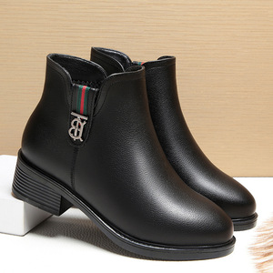 <span class=keywords><strong>Bottines</strong></span> en cuir microfibre à bout rond et talon carré bas, chaudes et tendance pour l'hiver, chaussures de bureau pour femmes, couleur noire - Product Image 6