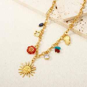 Kalung Rantai Matahari Bulan Biru Turquoise Kustom, Baja Anti Karat Berlapis Emas 18K Tahan Air, Liontin Grosir Perhiasan Wanita - Product Image 2