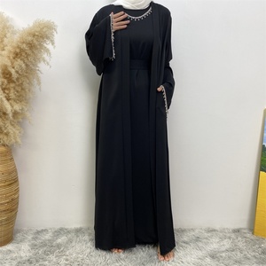 Nida Solid Color Two Pieces Abaya <b>Set</b> With Silver Diamond Chain and Sleeveless Inner Dress for Ramadan Muslim Women 2006+6595 - Product Image 6