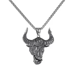 MECYLIFE Gothic Punk Stainless Steel Bull Pendant Vintage Water Buffalo Horn Pendant Necklace For Men