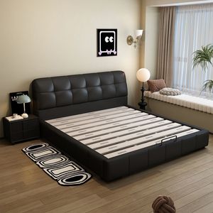 Modern Minimalist Leather Double Bed With Storage Soft <b>Backrest</b> Low Box Design For Master Bedroom Home Use - Product Image 2