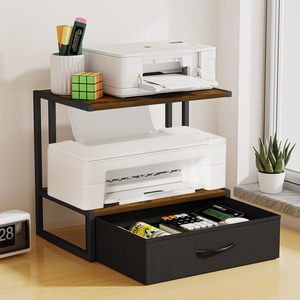 Double Layer Printer Storage Rack Dark Brown <b>Standing</b> Office Organizer Desk Shelf For Stationery And A4 Paper <b>Holder</b> - Product Image 1