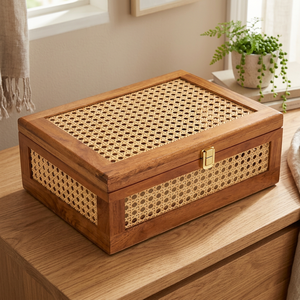 Boîte de rangement en bois écologique moderne avec panneaux en rotin tressé, organisateur de bijoux décoratif, boîte à souvenirs en bois naturel pour la maison - Product Image 2