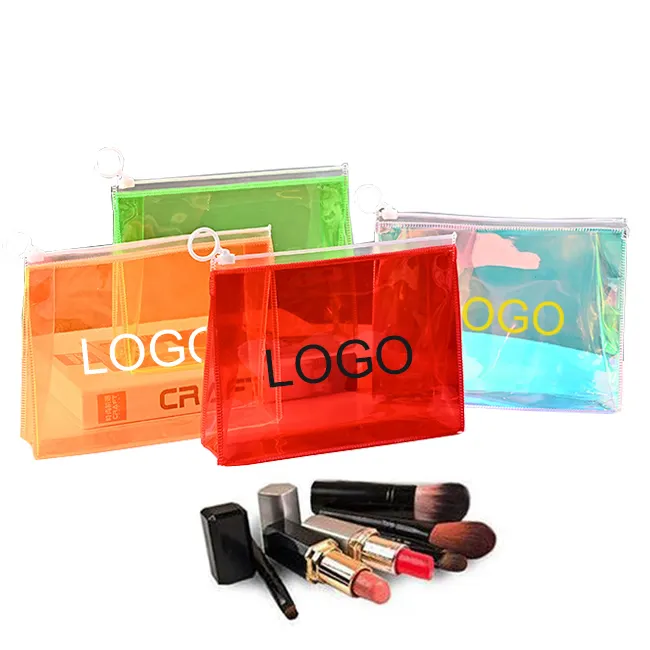 custom logo waterproof pvc holographic makeup bag organizer case black pink clear make up pouch zipper transparent cosmetic bags