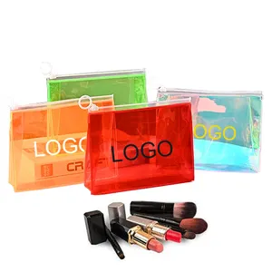 Custom Logo Waterdichte Pvc Holografische Make-Up Tas Organizer Case Zwart Roze Clear Make Up Zakje Rits Transparante Cosmetische Tassen