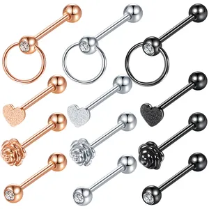 316L Surgical Steel Tongue Barbell Rings Tongue Piercing Heart Flower Barbell 16mm Body Piercings Jewelry