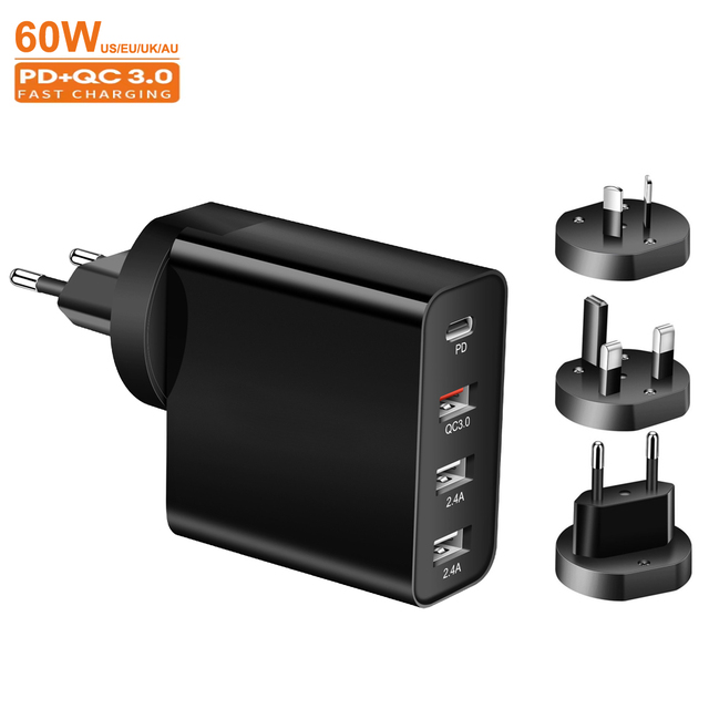 US EU UK AU 4 in 1 60W PD Super Fast Charging USB C Wall Charger Adapter Original Type-C Portable Charger for Smart Cell Phone