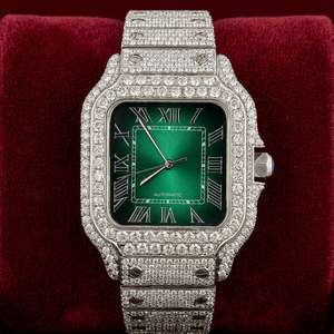 Montre de luxe à cadran vert à quartz pour homme |   Montre Hip-Hop en acier inoxydable avec bracelet carré serti de diamants, 20 mm - Product Image 1
