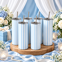 Gobelet isotherme personnalisé 20oz droit à sublimation, en acier inoxydable à double paroi, rayures bleues, avec couvercle et paille, idéal pour les fêtes