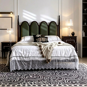 Premium Queen Size Dark Wood Spindle <b>Bed</b> With Green Velvet Five Panel Upholstered Headboard For Bedroom - Product Image 1