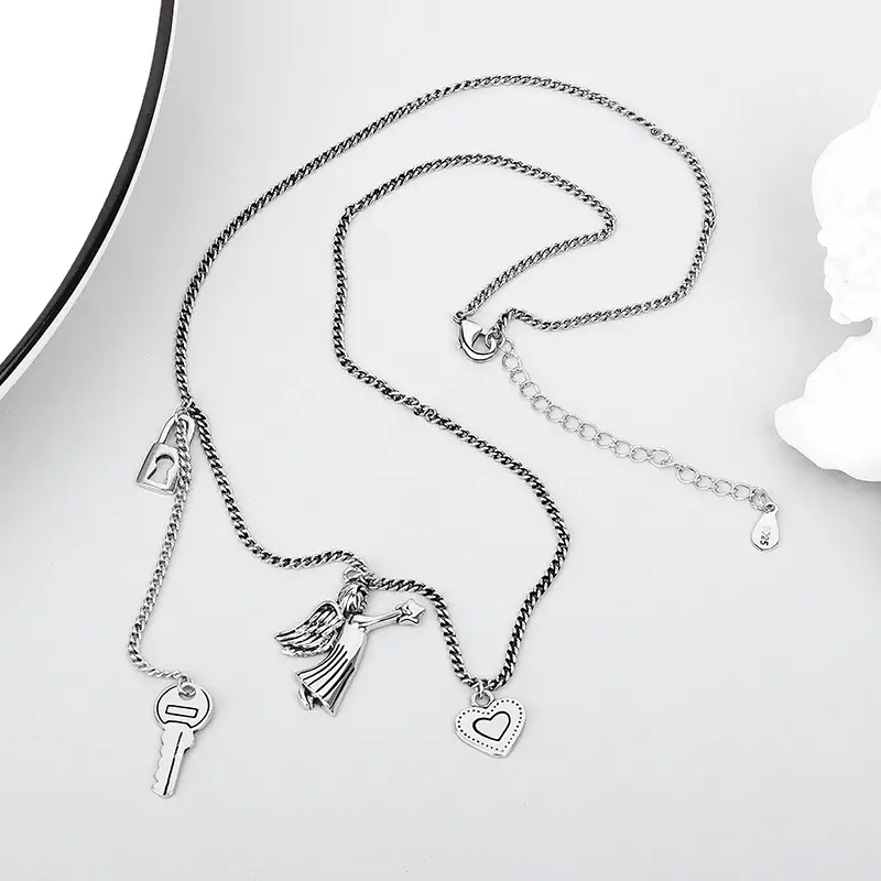 Argento Design retrò amore angelo serratura a chiave collana gioielli promozione donna regalo di capodanno senza catena di dissolvenza