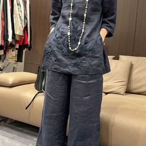Solid Color Embroidery Three Quarter Sleeve Top Women's Suit Summer New Chinese Style Wide Leg Pants Two Piece Set - Product Image 3