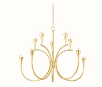 Lustre en arc doré Cano Lighting, branches métalliques courbées avec de minuscules gouttes de verre blanc, éclairage de plafond pour la maison à l'éclat chaleureux