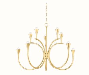 Lampadario ad Arco Dorato Cano Lighting, Rami Metallici Curvi con Piccole Gocce <span class=keywords><strong>di</strong></span> Vetro Bianco, Illuminazione da <span class=keywords><strong>Soffitto</strong></span> per Casa con Luce Calda - Product Image 1