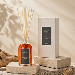 Aikun 150ml Clear Round Glass Bottle Sticker Beige Box Low Moq Custom Scent Long Lasting Reed <b>Diffuser</b> Set for Decor Retailers - Product Image 1