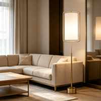 Lampe sur pied rectangulaire moderne en métal doré avec abat-jour cylindrique en tissu blanc pour salon et chambre à coucher